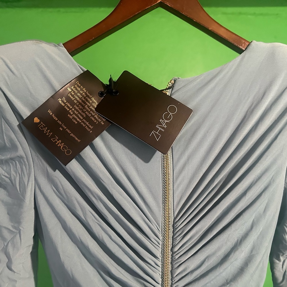 Zhivago Blue Puff Sleeve Asymmetrical Cocktail Dress